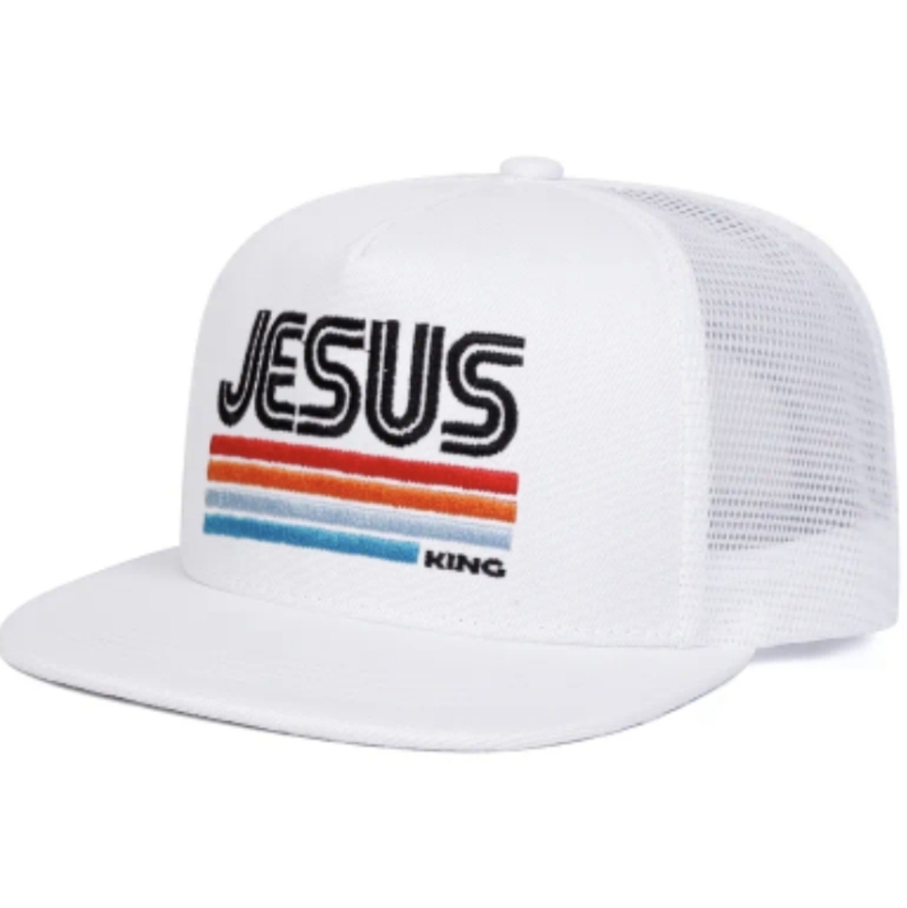 Jesus King Black Trucker Hat with Retro Stripes WHITE - Picture 2 of 5